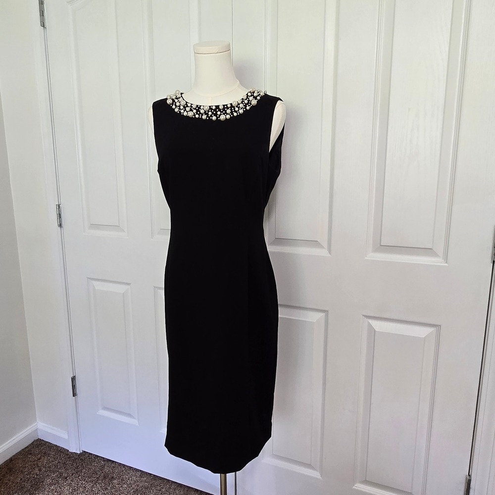 Calvin Klein Sheath Dress Womens 8 Black Pearl Embellished Neckline Sleeveless